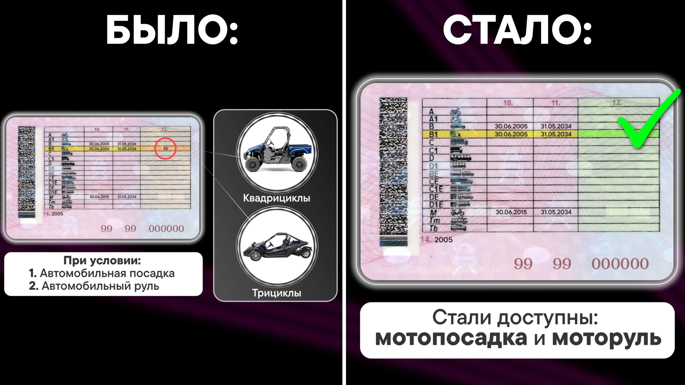 Сравнение подкатегории B1 с отметкой AS и без ограничения на мотоциклетную посадку и руль